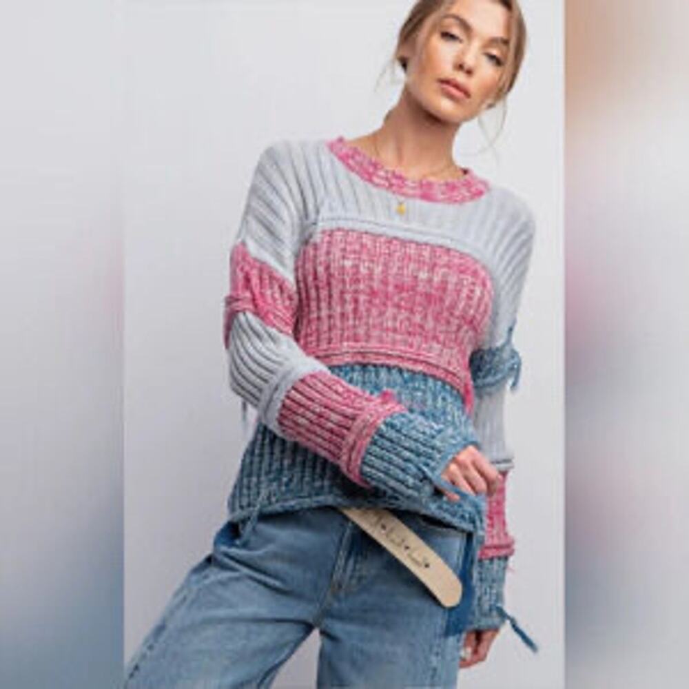 Easel Chunky Green Pink Distressed Boho Grunge Sweater Oversized Small